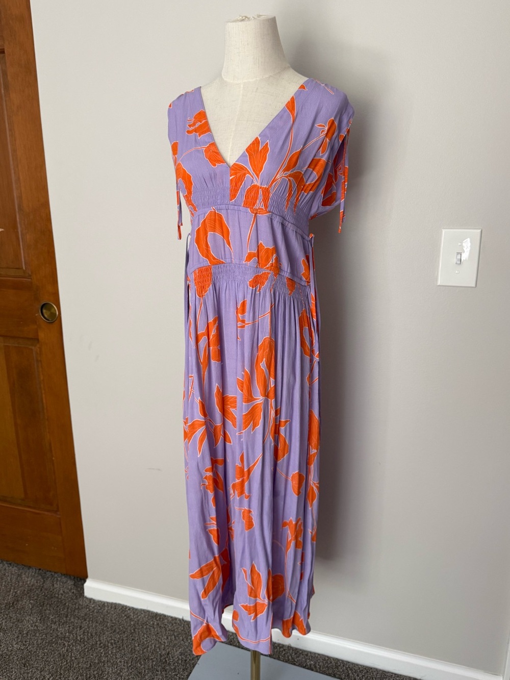 Thakoon Lilac Purple and Orange Floral V-Neck Midi Dress size 6
